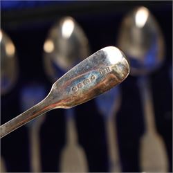 Set of six Victorian  silver fiddle pattern dessert spoons initialled 'W' and six matching teaspoons London 1847 Maker Henry Holland, cased