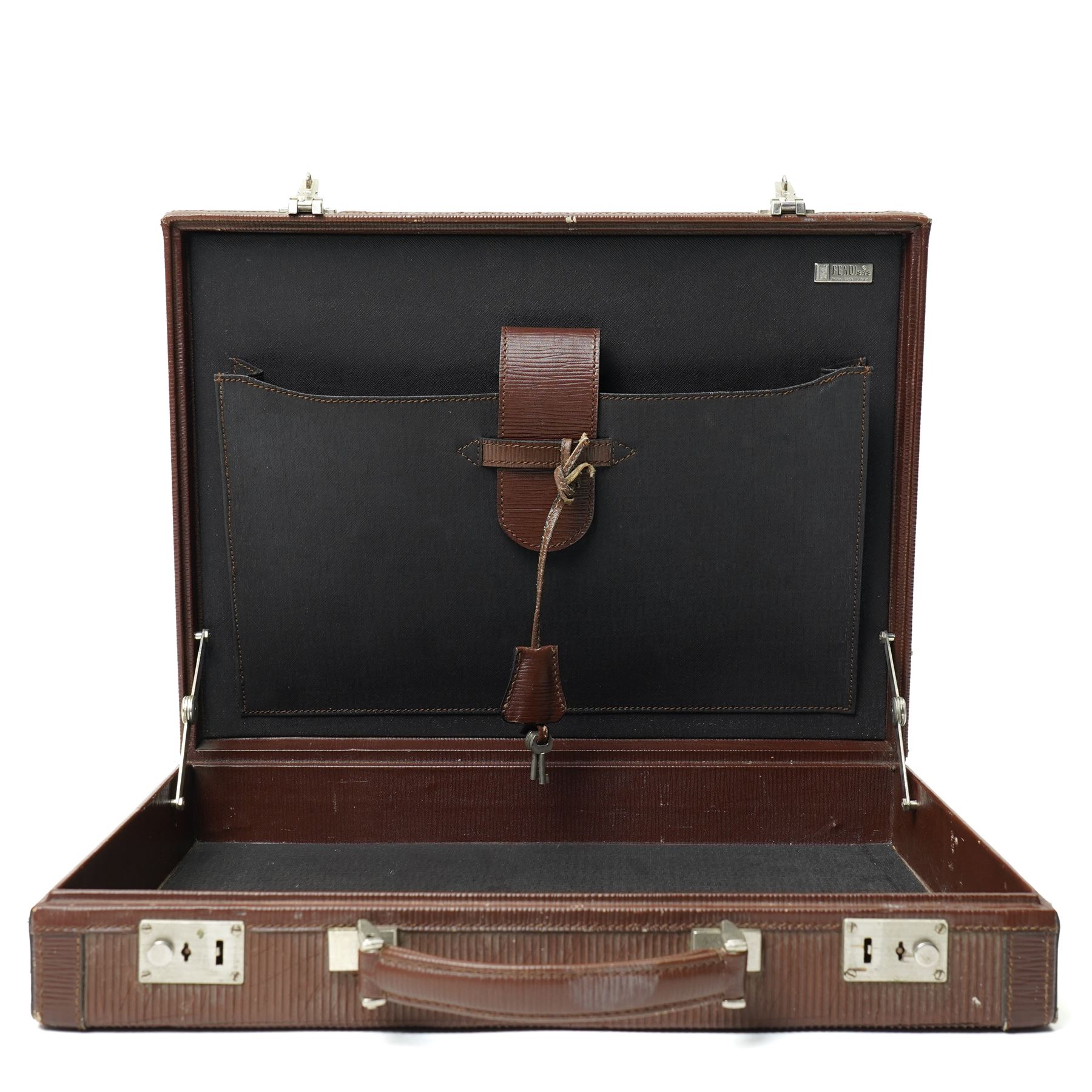 Fendi structured briefcase, brown FF monogram embossed leather with linear texture and single rolled leather top handle, silver-tone hardware, the hinged frame secured by two central push-lock clasps and supplied with two keys stamped CGV, the interior lined in black cross-grain leather with document compartments and metal plaque stamped FENDI S.A.S. ROMA MADE IN ITALY, W42cm D32cm H8cm