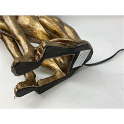 Composite table lamp, modelled as a gilt seated whippet, with teal velvet shade, H71cm
