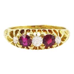 Edwardian 18ct gold five stone ruby and old cut diamond ring, Birmingham 1902, total ruby weight 0.40 carat, total diamond weight approx 0.20 carat