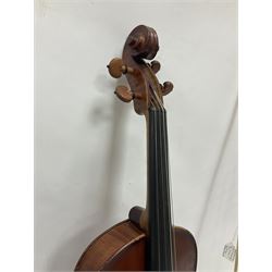 Small 20th century viola copy of a Tertis with a maple back and ribs and spruce top in a hard case with bow Length 60cm