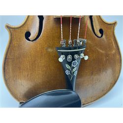 German Saxony violin c1900 with 35.5cm two-piece medium grain maple back and ribs and medium grain spruce top; bears label 'Jacobus Stainer in Absam prope Oenipontum 17xx Made in Germany', 59.5cm overall; with modern bow (2)