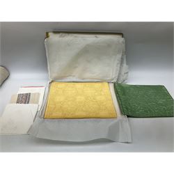 Large quantity of table linen and Victorian and later lace, framed machine tapestry depicting Greece, embroidered wall hanging decorated with a woodland scene with deer and blossoming tree, embroidered linen decorated with floral design, crochet, etc