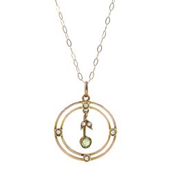 Edwardian 9ct gold peridot and pearl pendant, on later 9ct god necklace