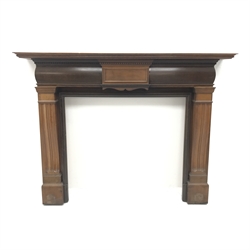 Late Victorian oak fire surround, moulded cornice, dentil frieze, shaoed and reeded supports, W183cm, H141cm, D30cm