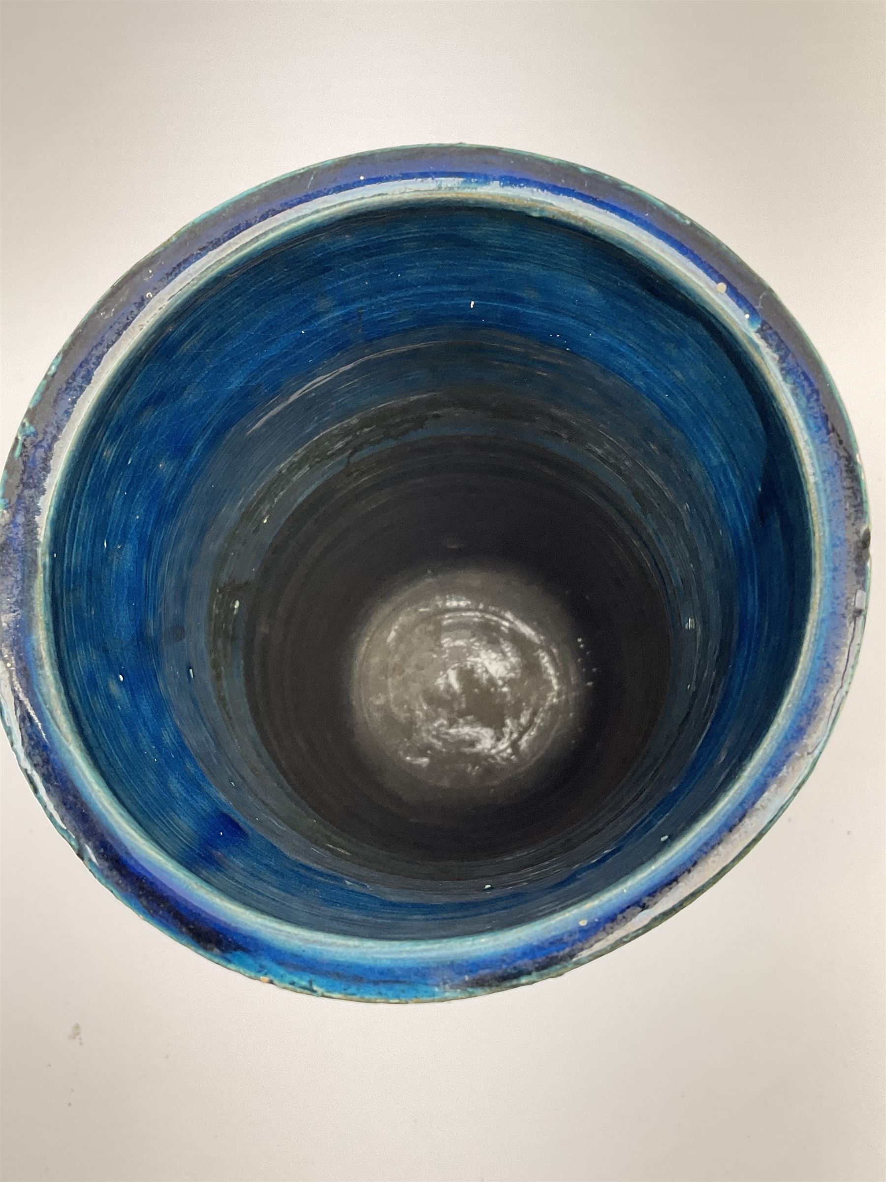 Aldo Londi for Bitossi , an Italian Rimini Blu vase, of cylindrical form decorated with incised geometric bands, with painted marks beneath, H25.5cm. 