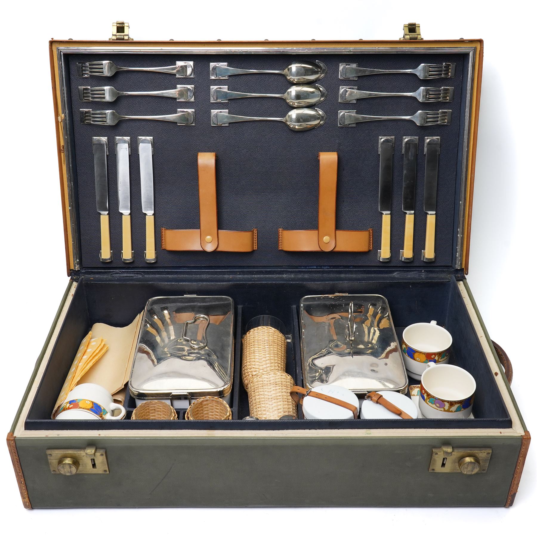 Large fitted picnic case in leather bound case 68cm x 38cm
