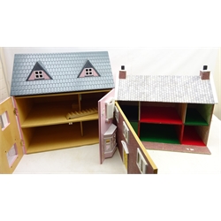  Two modern dolls houses, H62cm maximum and a quantity of dolls furniture including traditional style furniture, Rosebud wooden sets, bus & accessories in five boxes  
