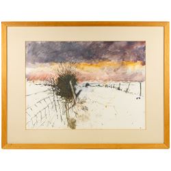 Len Tabner (British 1946-): 'Evening Snow on the Road to Lofthouse - Study', mixed media c.1983-1984 signed 55cm x 75cm 
Provenance: gifted to the vendor by the artist. We are grateful to the artist for his assistance in cataloguing this lot.