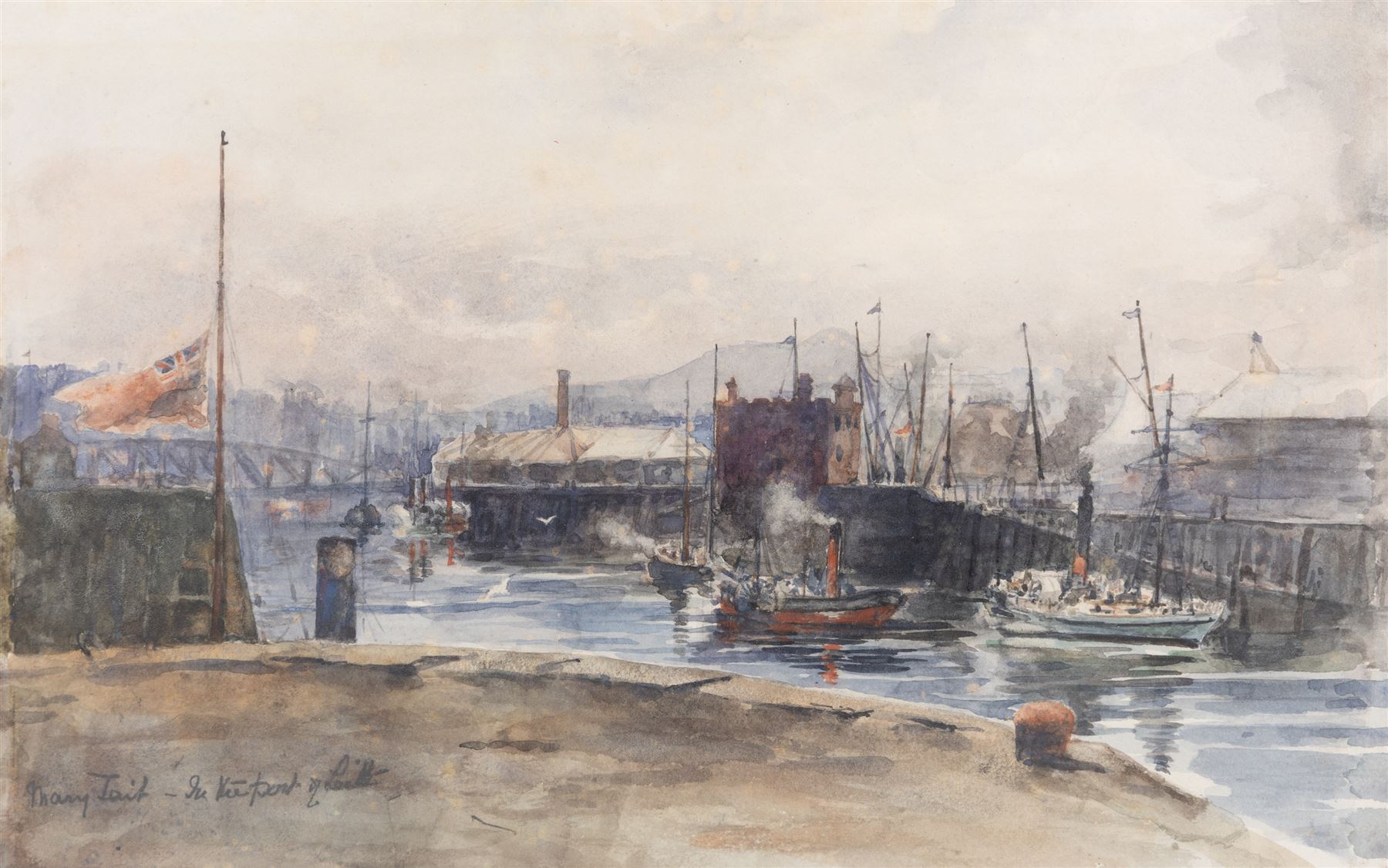 Mary Tait (British exh.1880-1882): Busy Quayside Port scene, watercolour signed and indistinctly titled 23cm x 37cm