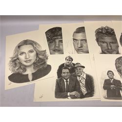 After Chris Burns, twenty-one unframed monochrome prints of pop, film and sports stars including The Beatles, John Lennon, Jimi Hendrix, Madonna, Marilyn Monroe, John Wayne, Bruce Lee, Audrey Hepburn, David Beckham, Manchester United etc. 29.5 x 42cm; some card mounted; and 1935 Silver Jubilee Daily Mail newspaper