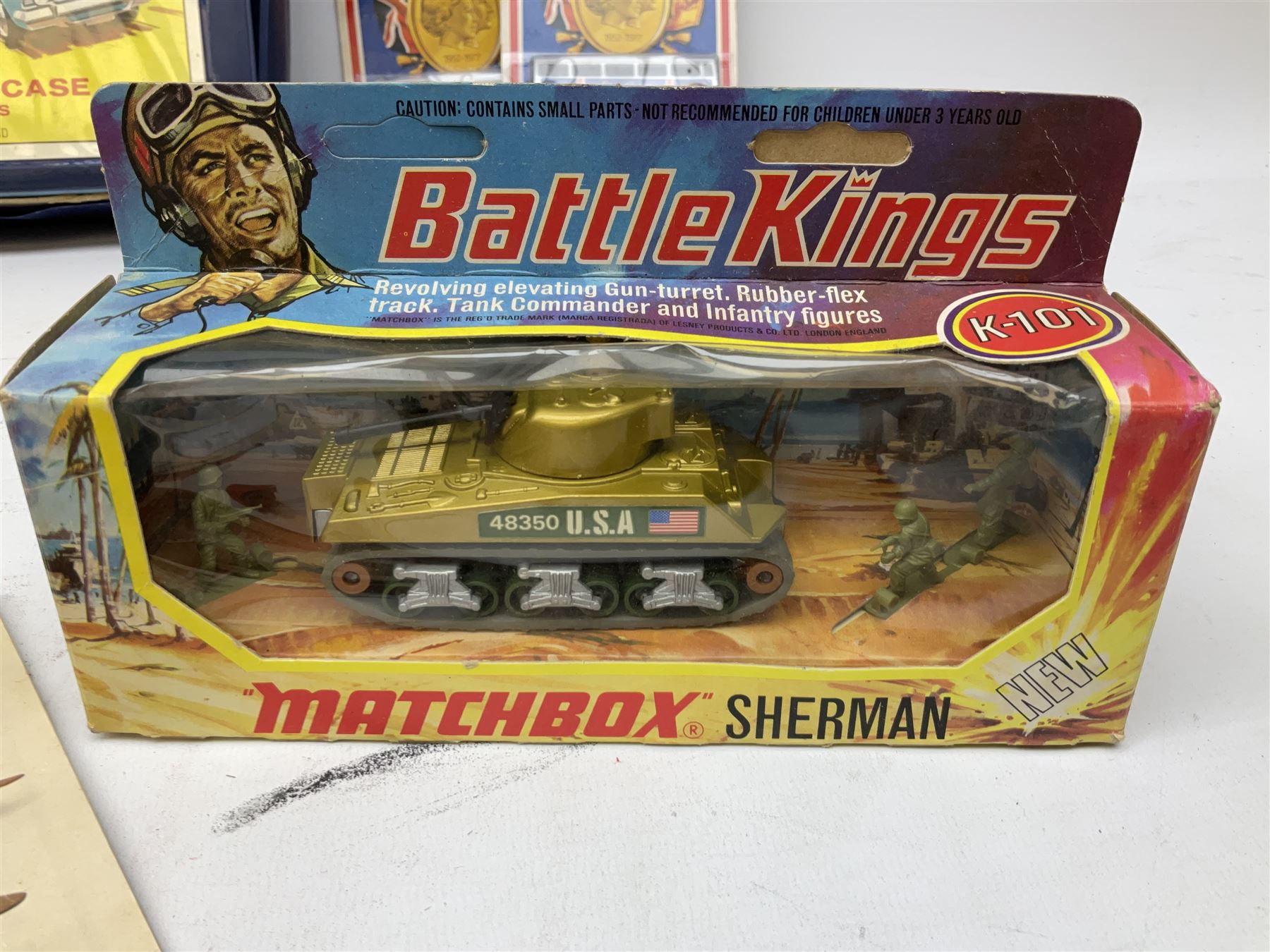 Matchbox - Collector's Mini-Case with twenty-three playworn models; five MOY models Y-3, Y-7, Y-11, Y-12 & Y-13; K101 Battle Kings Sherman Tank; K-15 Super Kings Jubilee Bus; all boxed; two blister packed Jubilee Buses; three 1970s Matchbox catalogues; Dinky Ferrari racing car; and other items