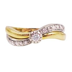 18ct white and yellow gold round brilliant cut diamond crossover ring, stamped 750