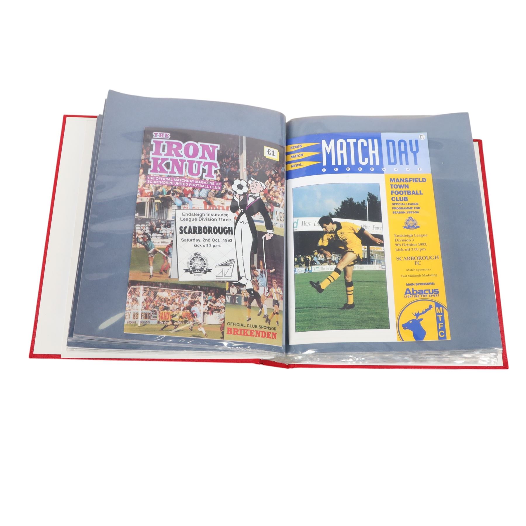 Comprehensive collection of approximately one-hundred and seventy Scarborough FC football programmes for the 1993/94, 1994/95 and 1995/96 seasons, all filed within six dedicated Scarborough FC red Home and Away binders