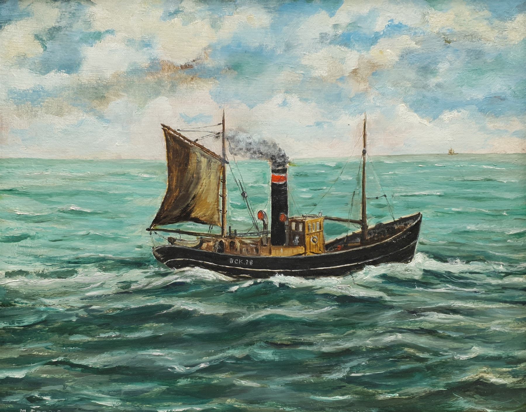 M Corrie (British 20th century): Steam Ship's Portrait, oil on board signed, together with two further 20th century marine oils, max 50cm x 75cm (3)