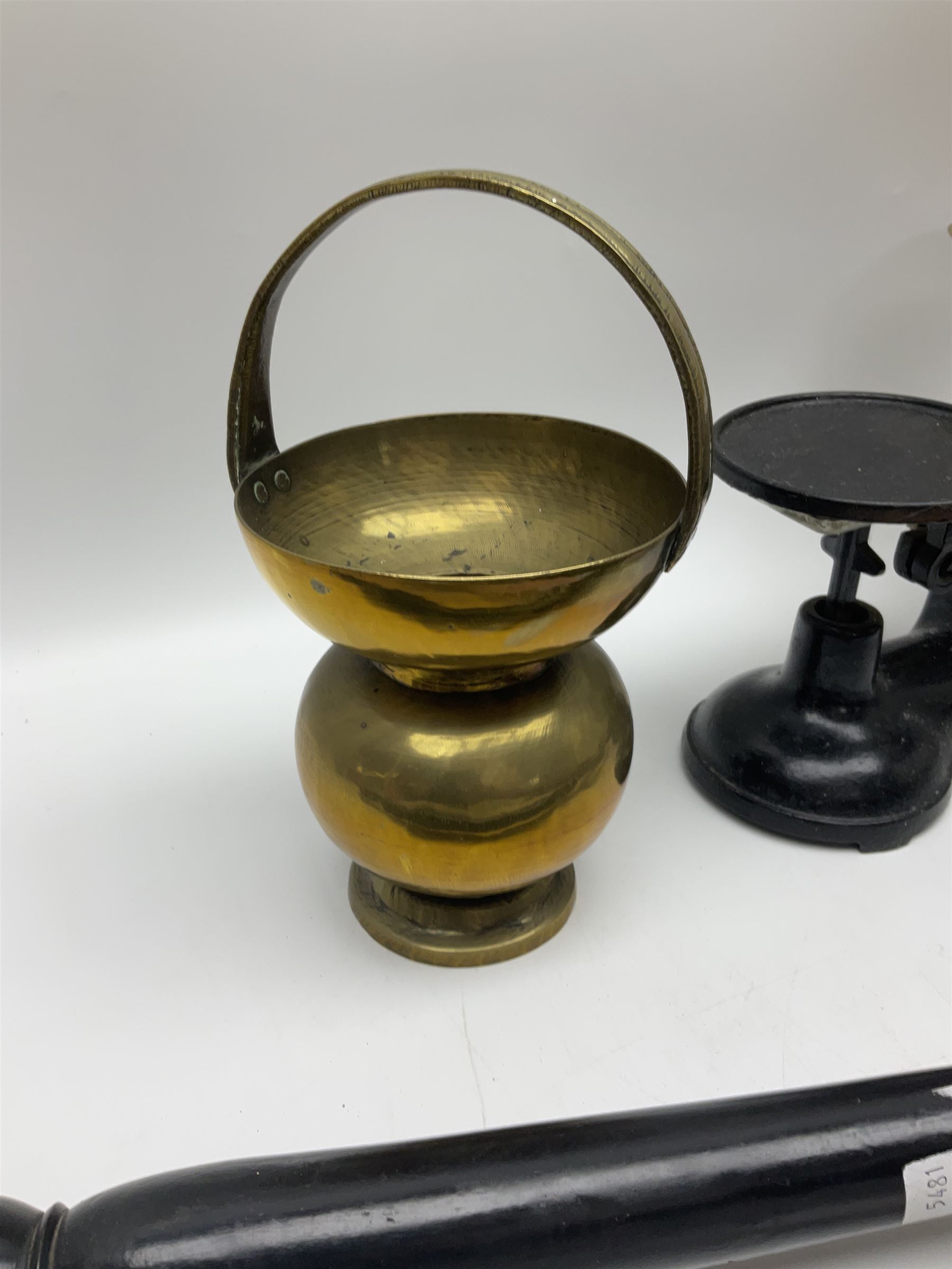 Set of Weylux Prince cast iron and brass weighing scales with weights, together with three copper and brass warming pans and other metal ware