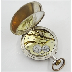 Swiss niello chequered silver pocket watch, top wind inner dust cover stamped K & M 800, hallmarked 