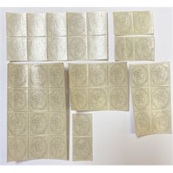Great Britain Queen Victoria 1881 one penny lilac stamps, comprising horizontal block of ten, vertical block of twelve, horizontal block of six, vertical block of six, two horizontal pairs and a vertical pair, all unused, no obvious signs of having been mounted