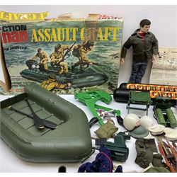 Action Man - one figure, boxed Assault Craft, dismantelled  Capture Copter, two bags of equipment and accessories etc