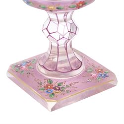 Victorian glass bon bon dish and cover, decorated with hand painted flowers and gilt detail, upon a knopped stem and square base, H22cm