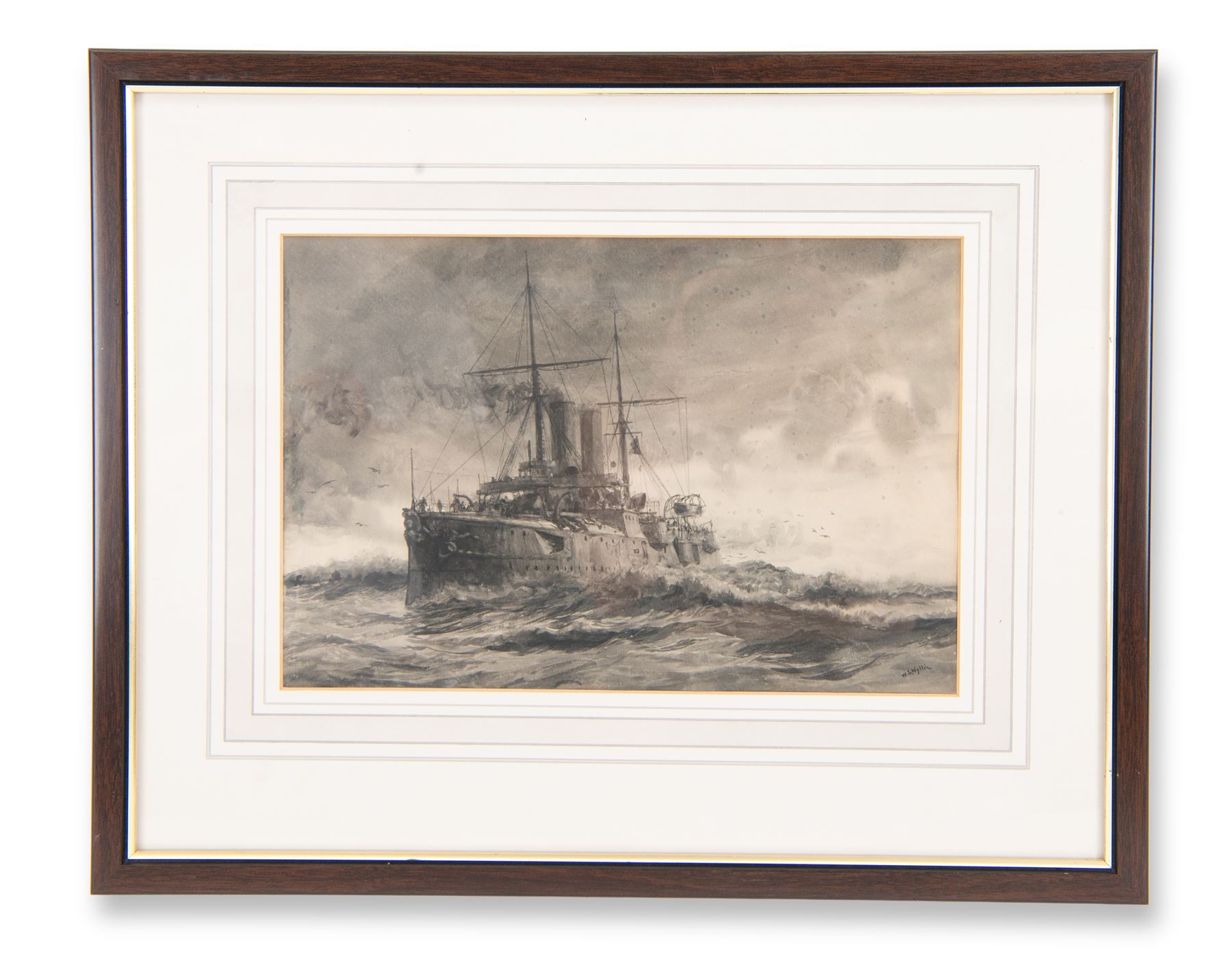 William Lionel Wyllie RA (British 1851-1931): HMS Blenheim, returning home with the body of the late Prince of Battenberg after it had been transferred to her from HMS Blonde at Maderia, monochrome watercolour signed 23cm x 33cm 
Provenance: original illustration for The Graphic pub. 8th February 1896; purchased David Duggleby Ltd 17th July 2020 Lot 8. HMS Blenheim was a Blake-class first class protected cruiser that served in the Royal Navy from 1890-1926. She was built by Thames Ironworks & Shipbuilding Company at Leamouth, London.