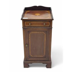 Edwardian mahogany inlaid bedside cabinet, inlaid top with gallery above, single drawer with button handles and single shelf cupboard, on scroll carved bracket feet