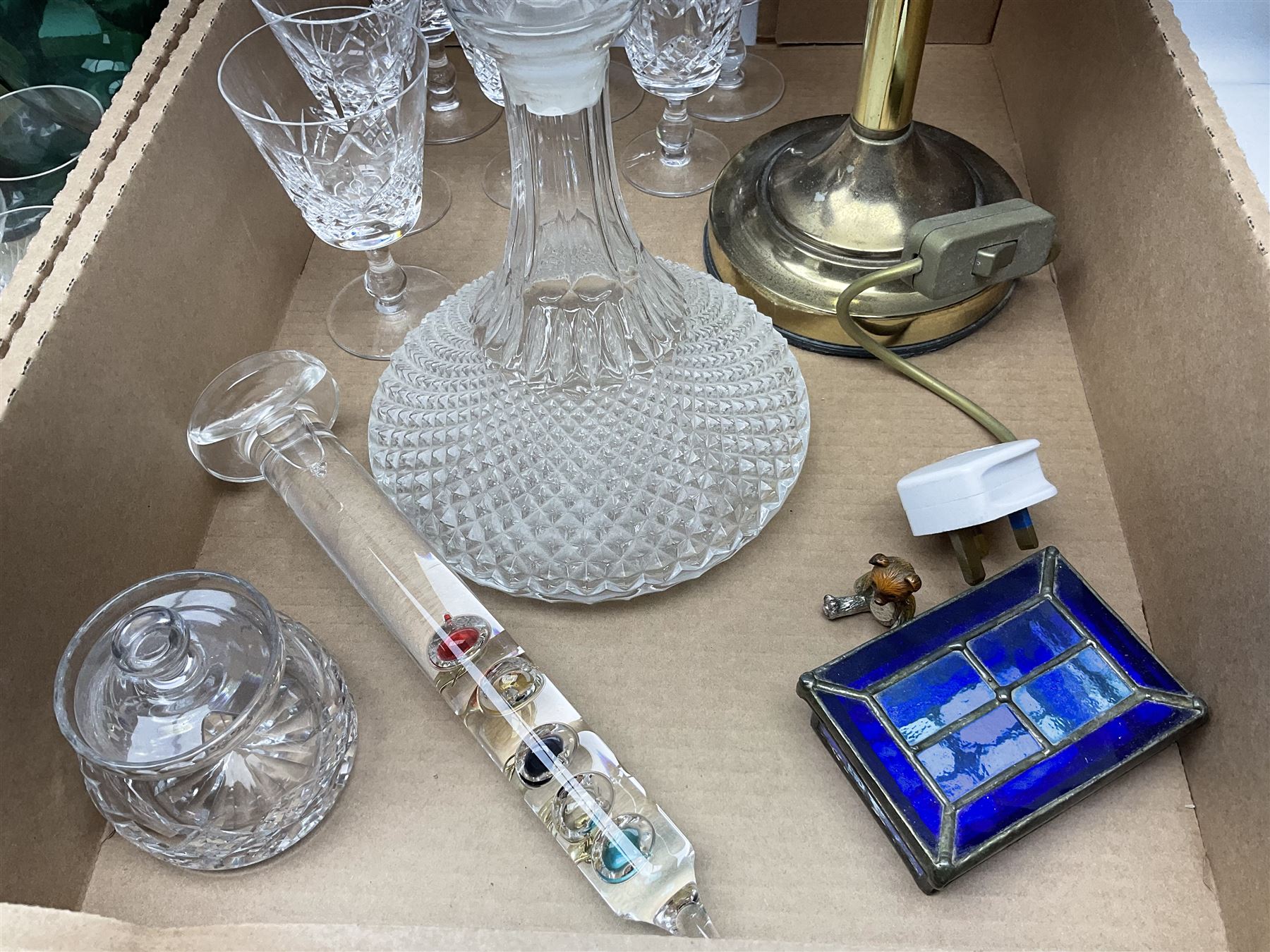 Quantity of glassware to include Mats Jonasson koala paperweight, set of six Stuart drinking glasses, seven green wine glasses with ovoid bowls, decanter, brass lamp etc