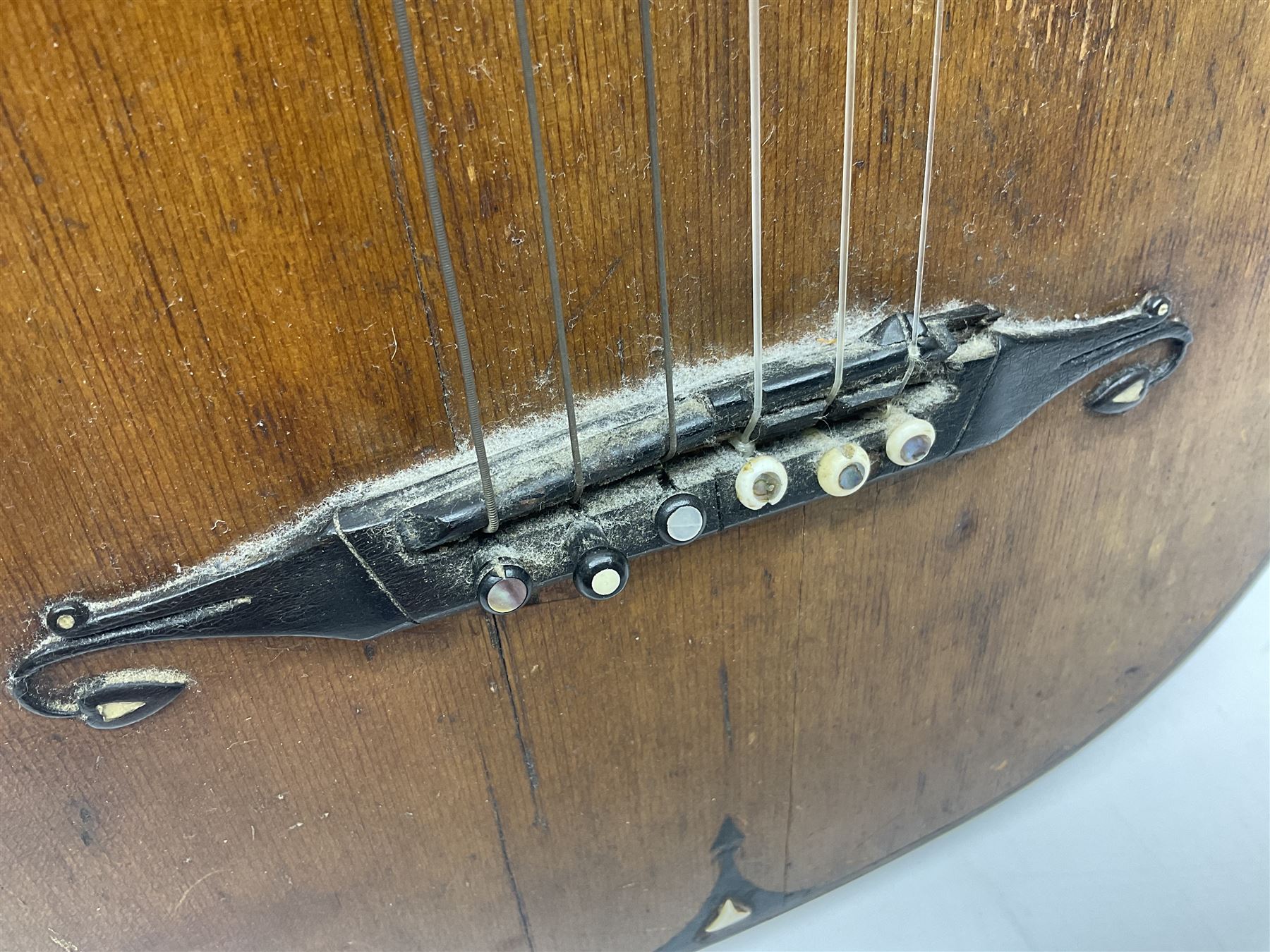 19th century Continental parlour guitar for restoration or display, with maple back and sides,  spruce top, scalloped neck and bone pegs; bears inset plaque to head 'Lapaix Paris 1830' and 'John Eastwood Teacher of the Guitar' paper label with manuscript note 'Fine Old Guitar Restored 1888 by JCB Leeds' L92cm