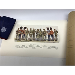 Scots Guards - set of five unframed annotated colour prints depicting the history of their uniform 1899 - 1958, each 20 x 36cm; together with regimental pullover, scarf, tie, shawl, double breasted blazer with Staybrite buttons and trousers