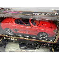 Nine 1:18/1:24 scale die-cast models - two Foxtons Mini Coopers; Road Legends Shelby Cobra; Maisto Mustang Mach III; and five by Bburago including Porsche 356B Cabriolet 1961, Chevrolet Corvette Convertible 1998 etc; all boxed (9)