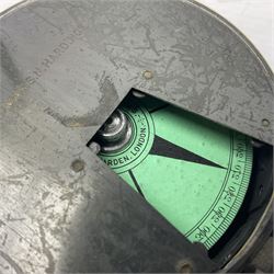 19th century Watkins combined clinometer and compass, patent 217, by J. Hicks Maker 8 Hatton Garden London No.5829, of drum shaped form in lacquered brass case D7cm; both instrument and case bear the name of former owner Thomas S.N. Hardinge; with early 20th century postcard caricature of a serviceman (2)