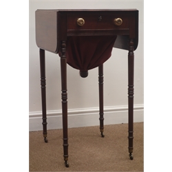  George III mahogany Pembroke work table, moulded rectangular drop leaf top, single drawer to end and false drawer to reverse, turned collar supports, 48cm x 41cm, H75cm  
