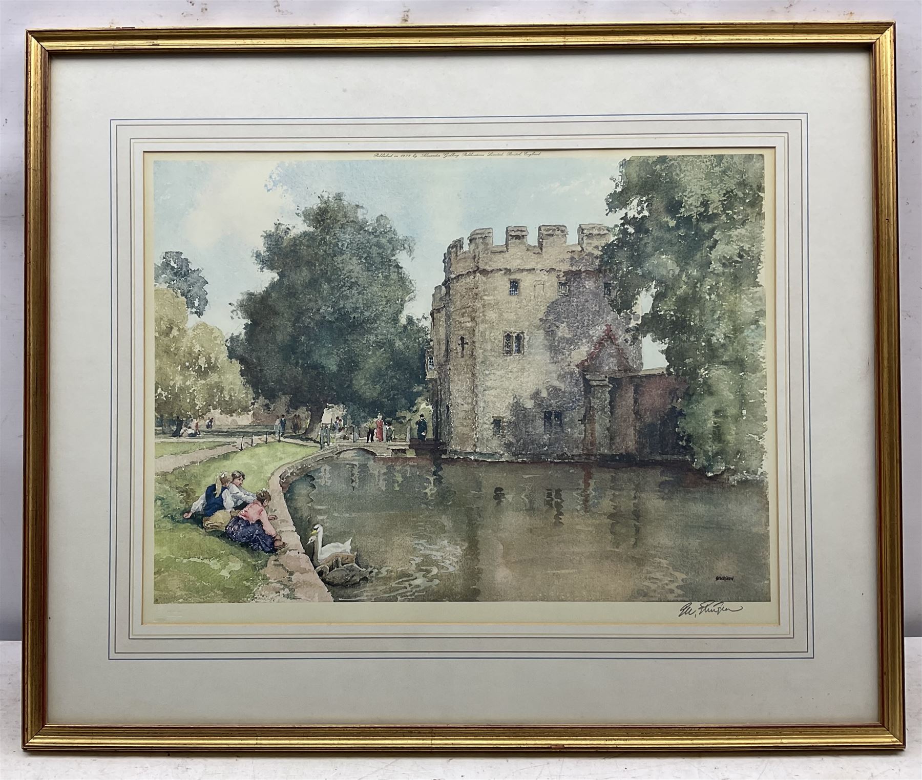 Eric R. Sturgeon (British 1920-1999): 'The Palace Gatehouse Wells', 'Bath Abbey', 'Pulteney Bridge' and 'Wells Cathedral', set of four lithographs signed in pencil and blind stamped, together with a print of Labradors, signed 'Logan' and numbered in pencil max. 43cm x 58cm (5)