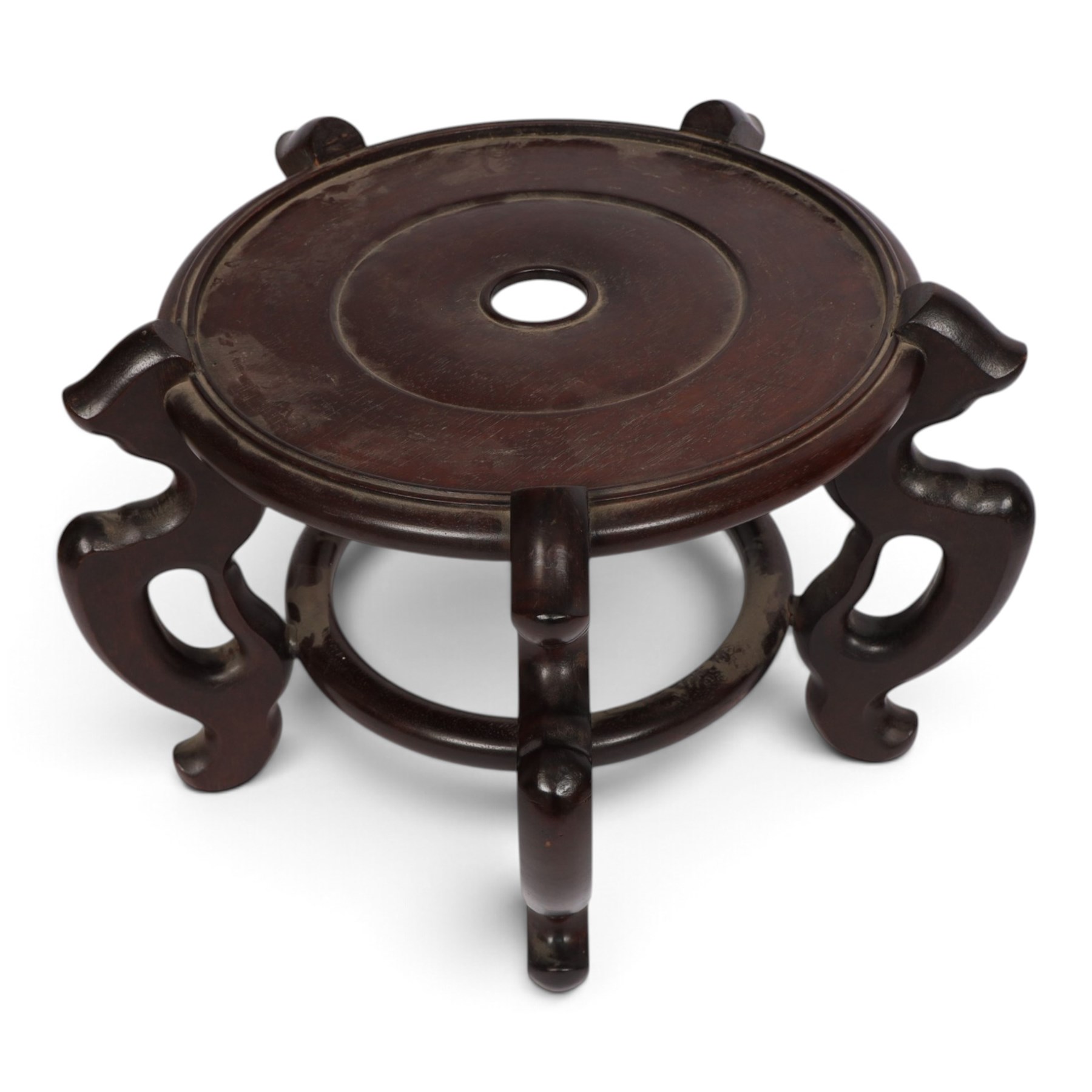 Five hardwood vase stands, for large vases, largest D36cm