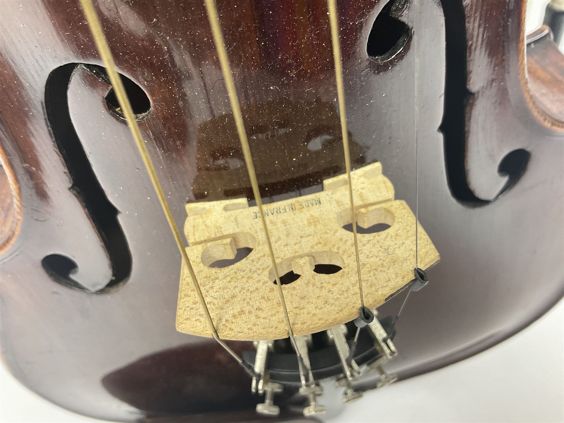 German trade violin in the Steiner style c1900 with 35.5cm two-piece maple back and ribs and spruce top L59cm overall; in fitted carrying case with two bows; and a Saxony violin with 35.5cm one-piece maple back and ribs and spruce top L58.5cm overall (2)