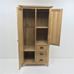  Light oak double combination wardrobe, two doors, three drawers, stile end supports, W90cm, H181cm, D54cm  