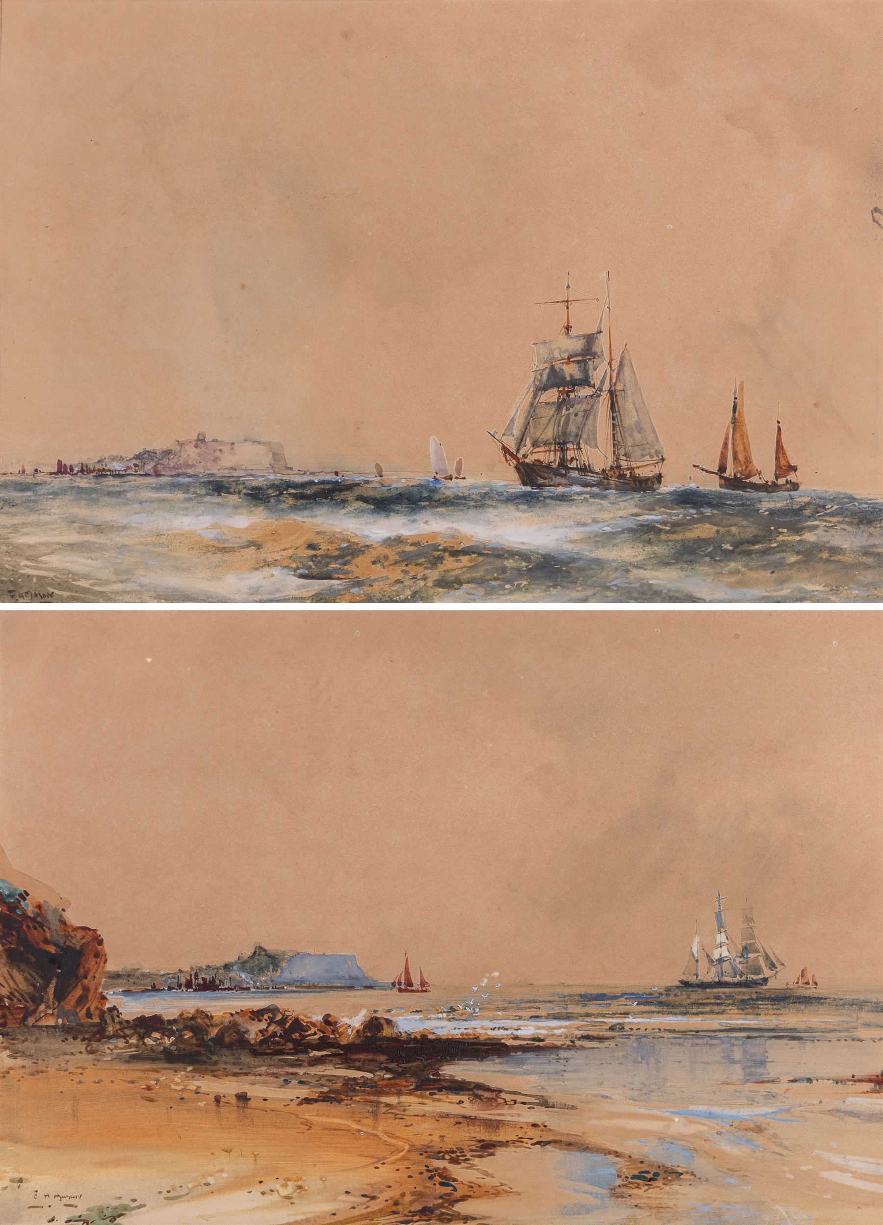 Frank Henry Mason (Staithes Group 1875-1965): Scarborough from Cornelian Bay & Sailing Vessels off the Scarborough Coast, pair watercolours signed 23cm x 34cm (2)