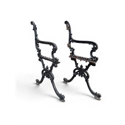 Carron Foundry - two pairs of 19th century cast iron garden bench ends, ornate detail with arms and X shaped legs,finish in black paint, the design no. 110396, first registered 13 July 1857 (see illustration), width as desired