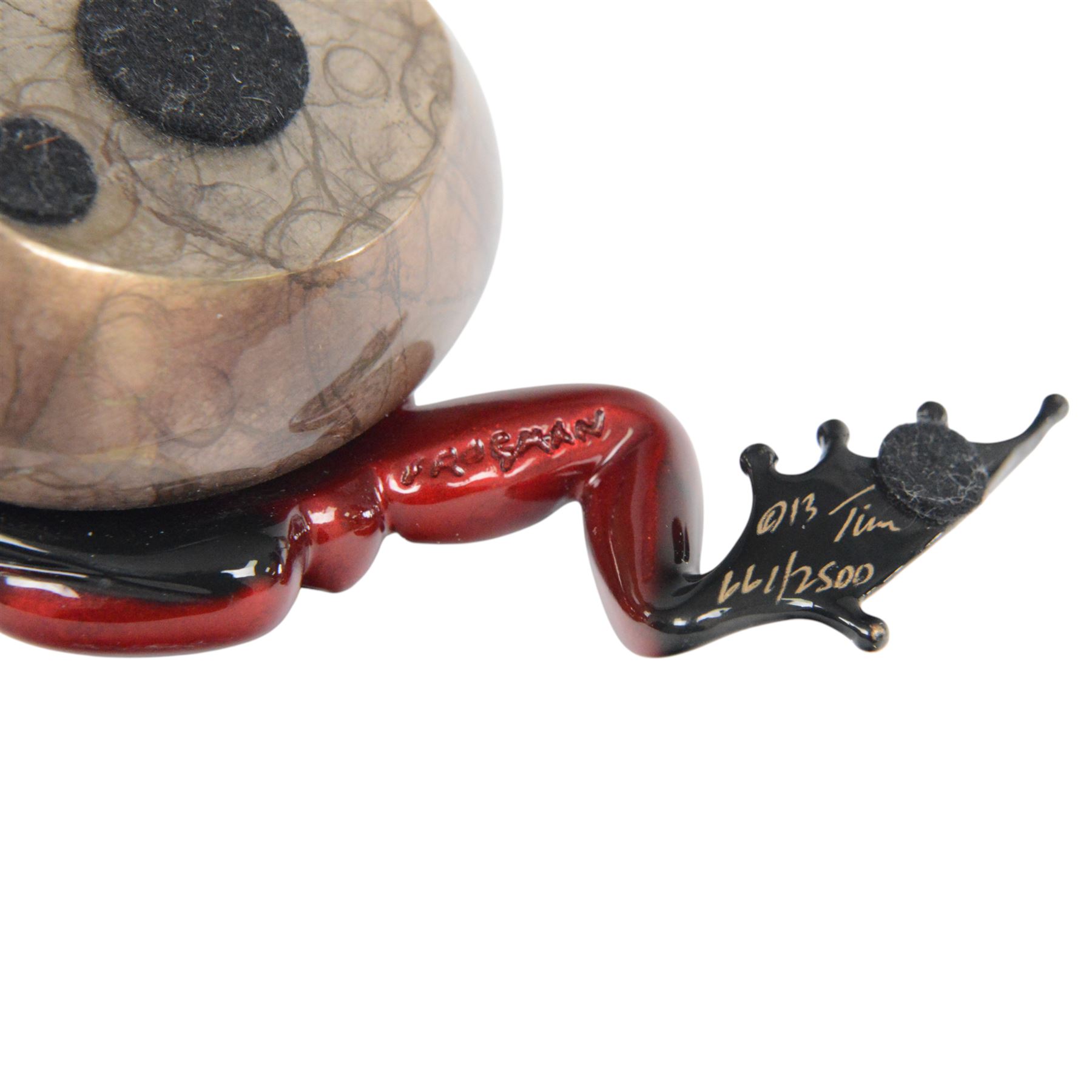 Tim Cotterill aka Frogman (British 1950-): 'Rockefeller', limited edition red patina coated solid bronze sculpture depicting a frog resting on a rock, impressed 'Frogman', signed and dated 2013, and numbered edition 661/2500 to base, W10cm