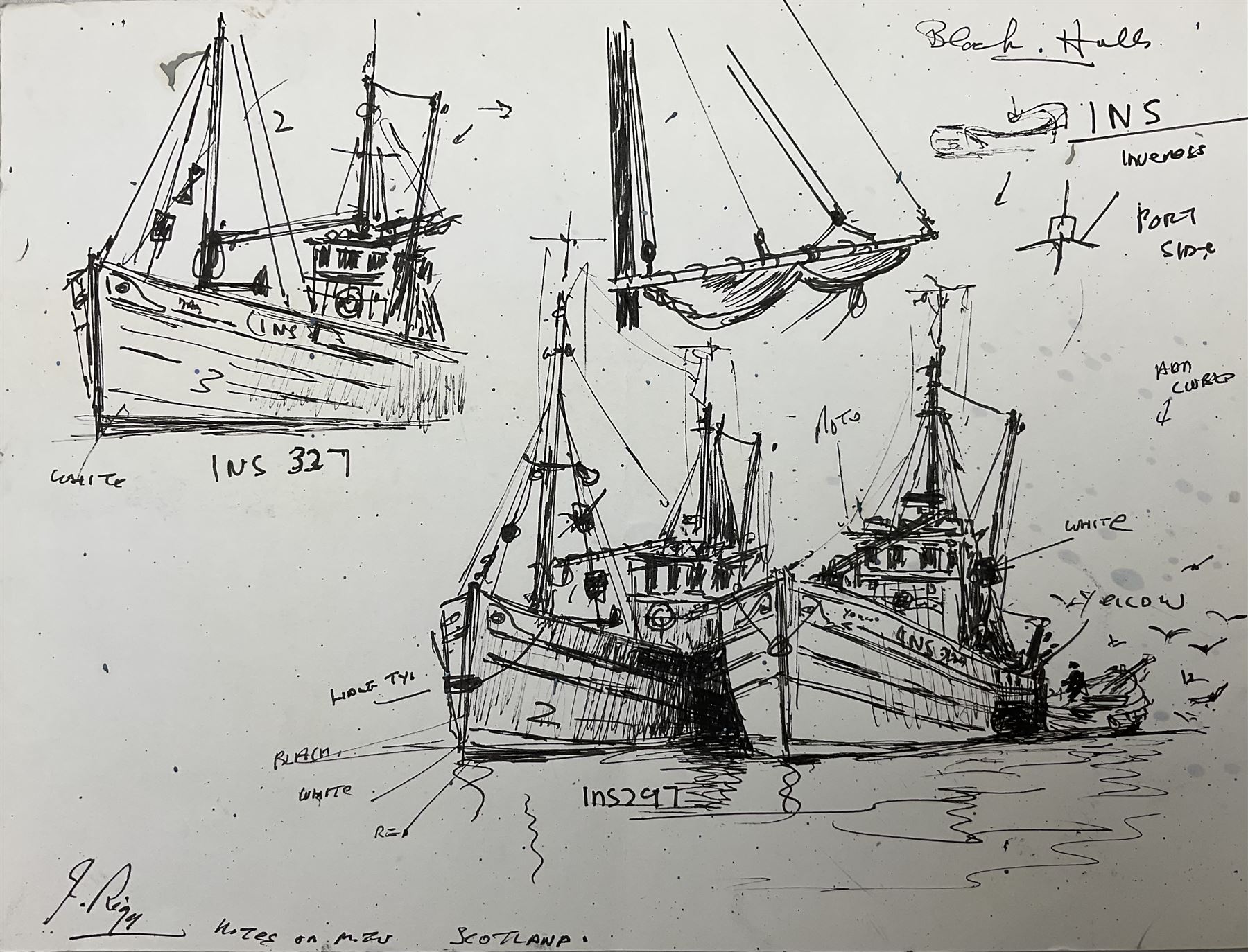 Jack Rigg (British 1927-2023): Boat Studies, pen and ink sketch signed, various illustrations 21cm x 28cm (unframed)