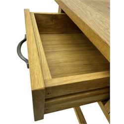 Laura Ashley - contemporary Milton oak console table, rectangular top over two drawers with pewter effect bow handles, on square legs supported by stretcher 