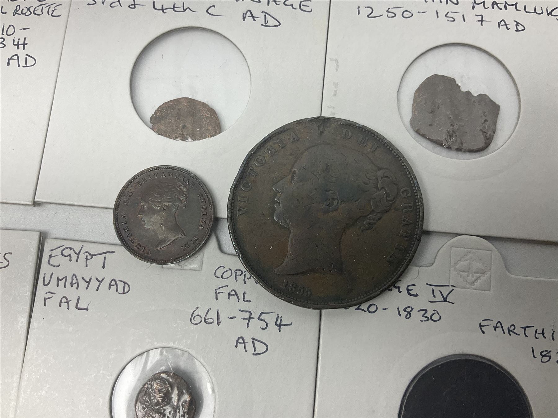 Coins including George III 1807 penny, George IV 1821 farthing, France Napoleon III 1867 one franc etc