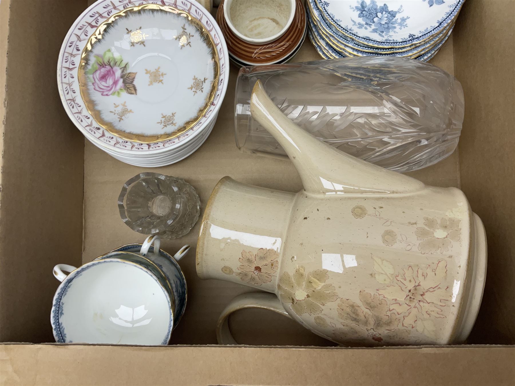 Portmeirion Botanic Garden jug, Poole Pottery planter, Denby coffee pot, Wedgwood Jasperware trinket box, Le Creuset oven dish and a collection of other ceramics, etc, in four boxes 