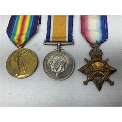 WW1 trio of medals comprising British War Medal, 1914-15 Star and Victory Medal awarded to 13708 Sjt. J.R. Wright Linc. R.; all with ribbons; some biographical details