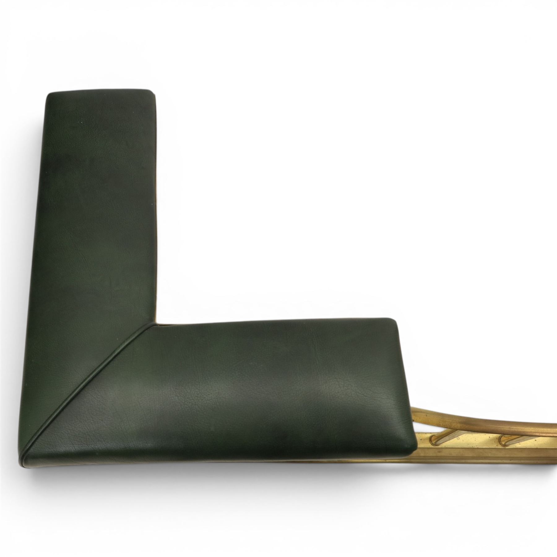 Regency design brass and green leather club fender, padded cushion corners