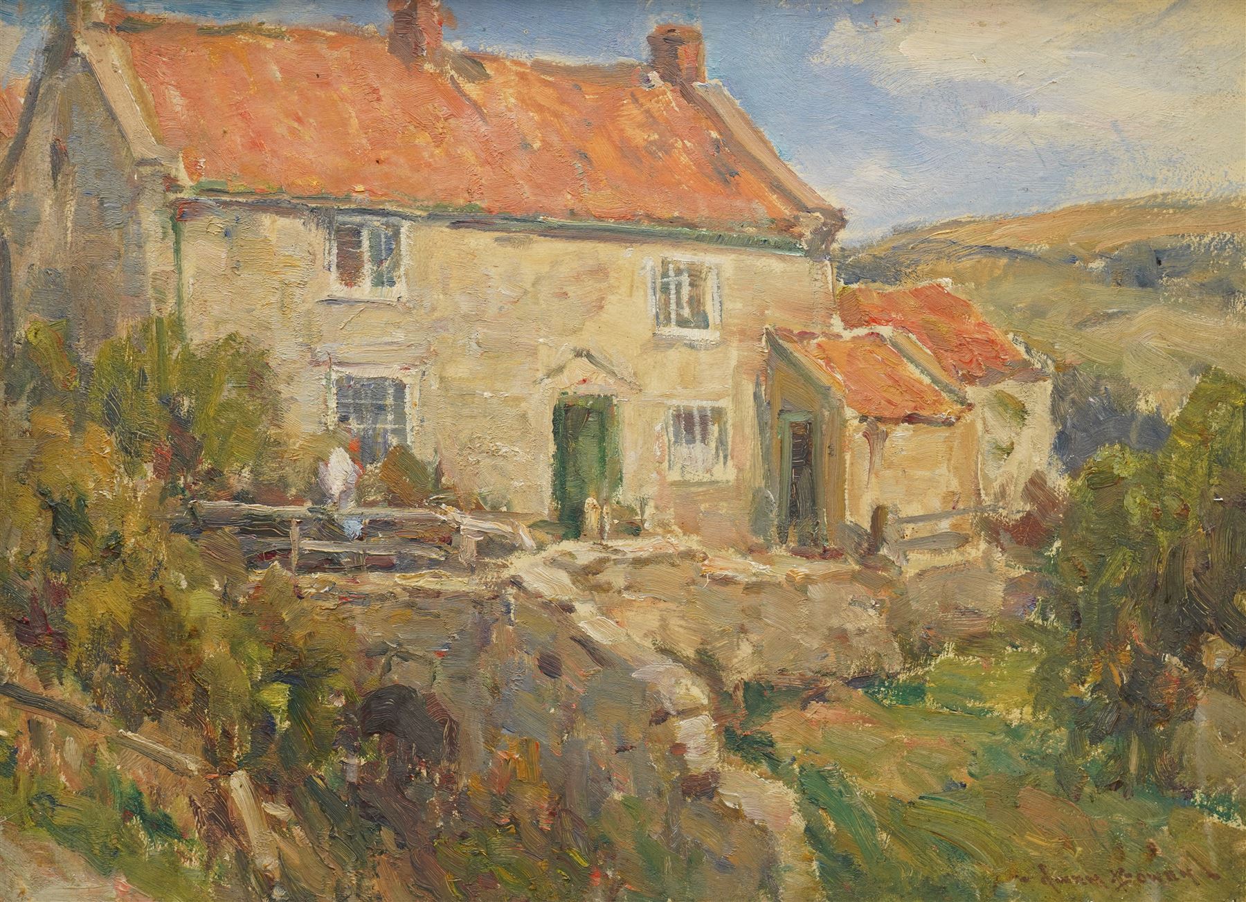 Owen Bowen (Staithes Group 1873-1967): Cottage in the Moors, oil on board signed 29cm x 40cm
