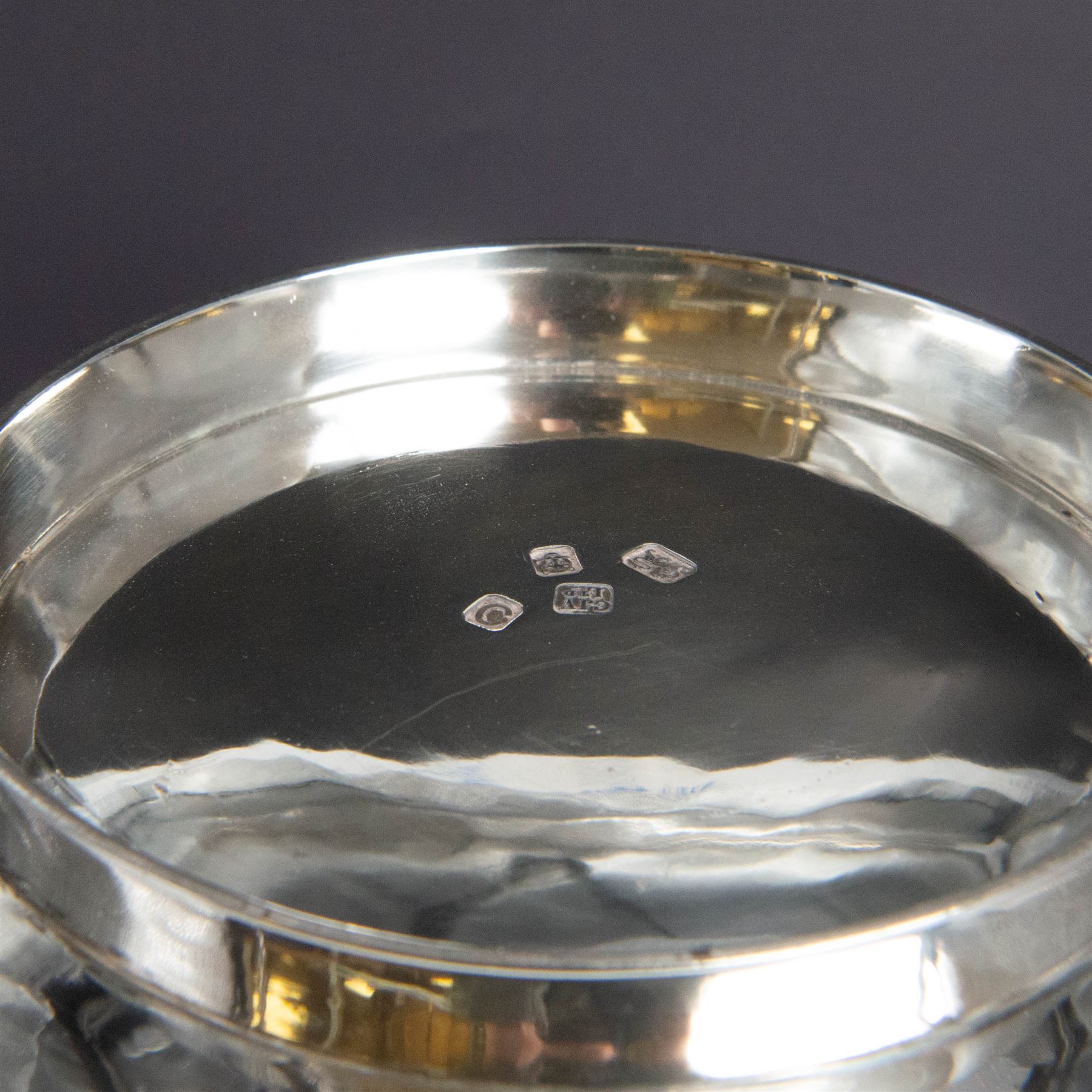 1930s silver bowl, of circular form with planished finish, upon a circular base, hallmarked C J Vander Ltd, London 1938, H12cm, D27cm