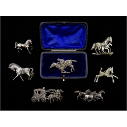 Silver and marcasite racehorse brooch, silver trotting horse makers mark HG, London 1995, four other silver horse brooches, all stamped and one other
