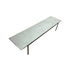Long narrow rectangular marble top coffee table, on wrought metal base