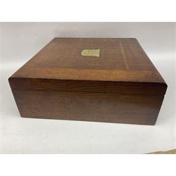 Walker and Hall silver plated canteen of cutlery, oak case, the hinged lid with a engraved brass shield , H12cm, L32cm